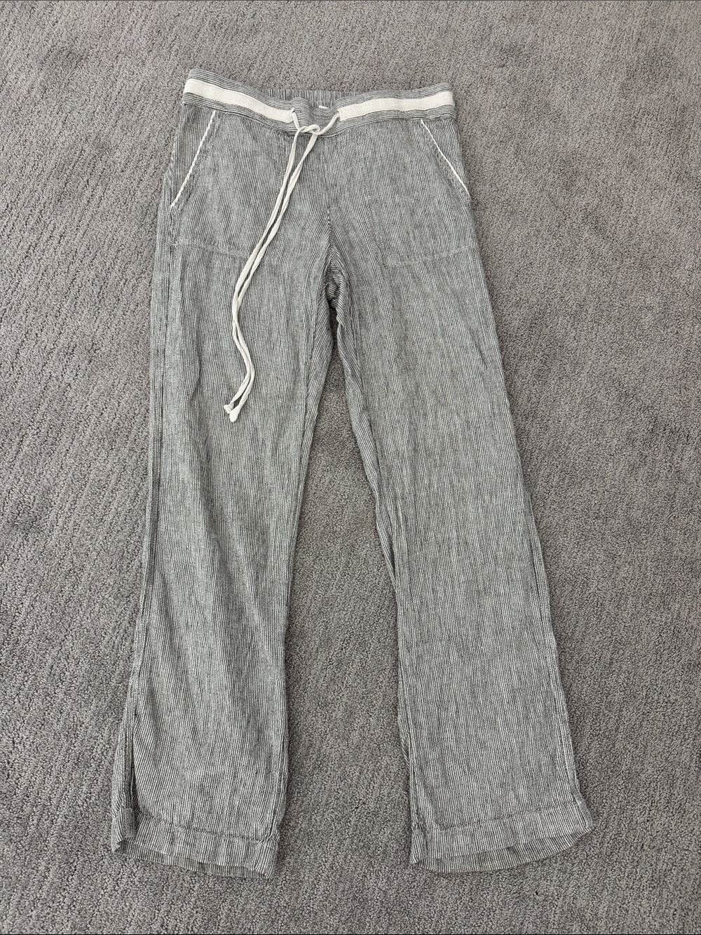 Caslon Drawstring Linen-Blend Pants in black and off white stripes Sz XS